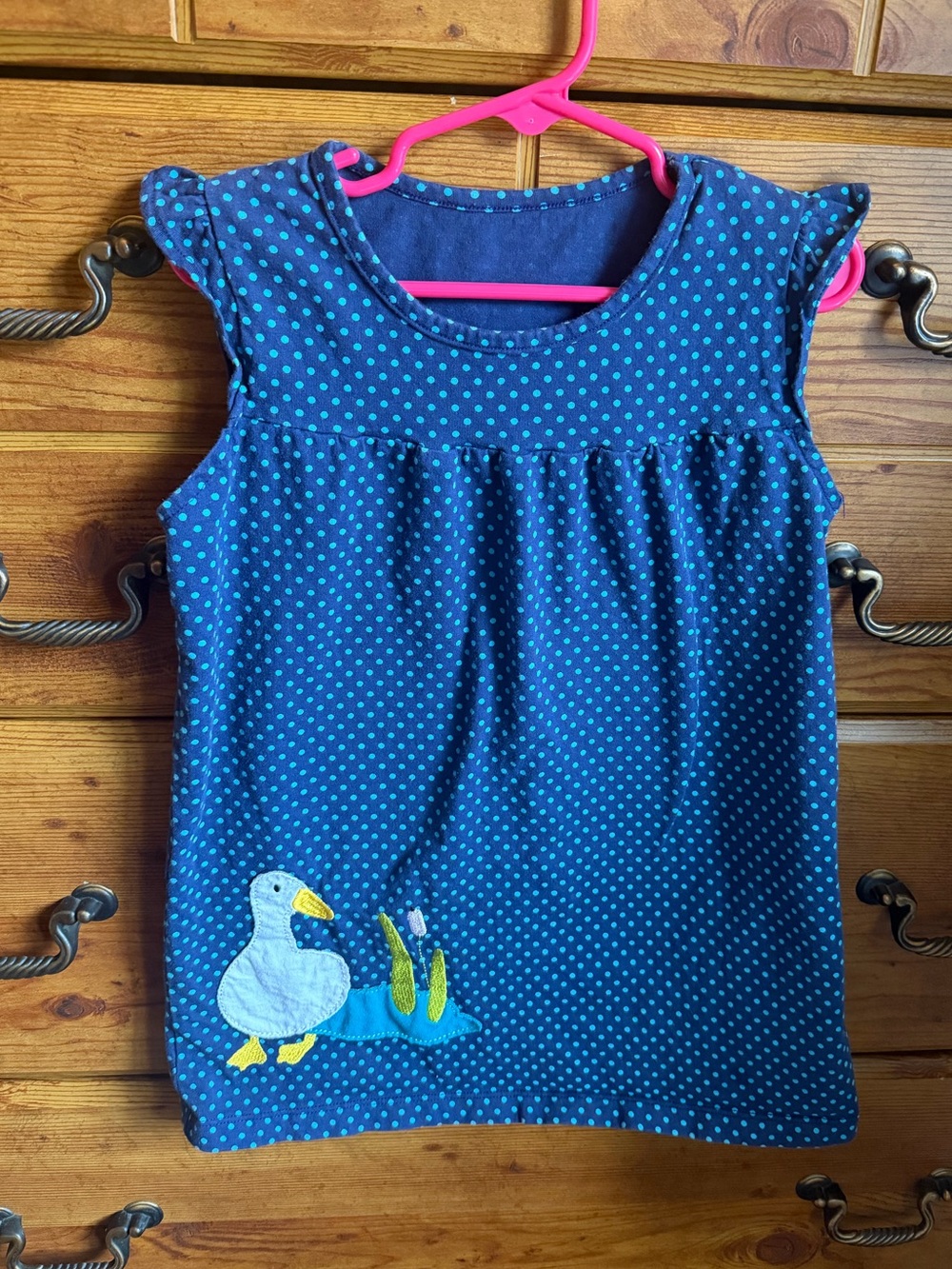 Blue polka-dot toddler dress features a whimsical duck appliqué size 4T